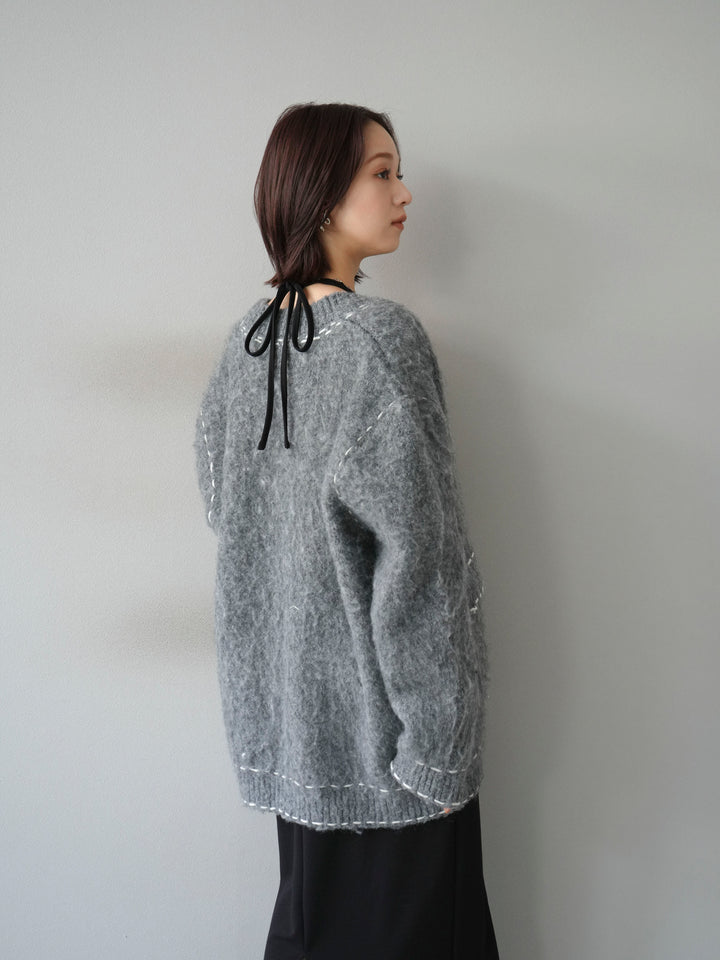 [予約]ステッチVネックニットカーディガン/グレー
