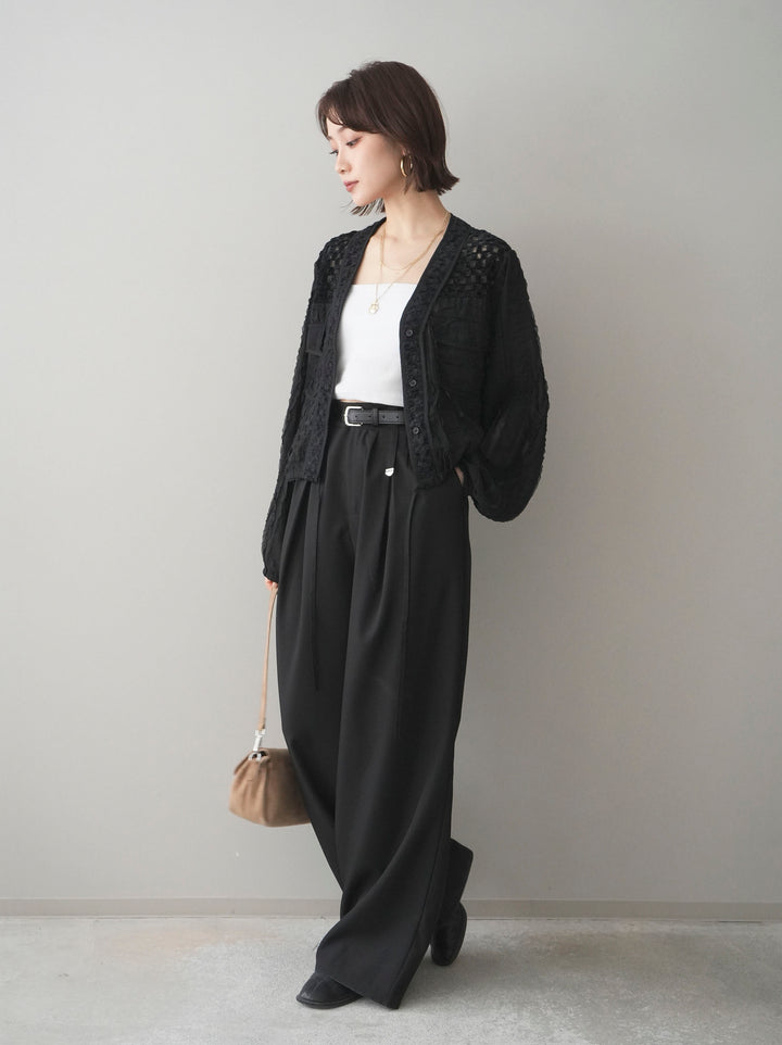 [SET]パッチワークシアーフリルブルゾン+カップ付テレコリブベアキャミソール+ベルト付キーホルダーモチーフワイドパンツ(3set)