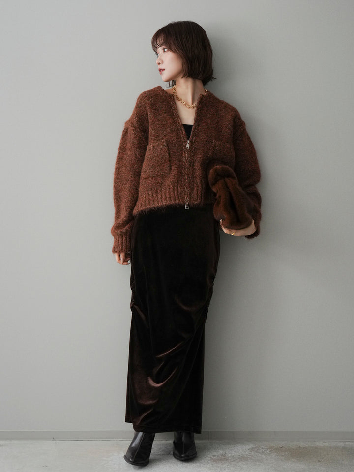 [SET]ミックスヤーンダブルZIPニットカーディガン+ギャザーベロアスカート(2set)