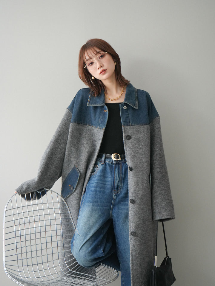 [SET]デニム切替シャギーステンカラーコート+選べるアクセセット(2set)