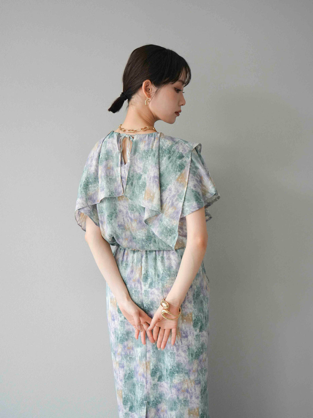 [予約]水彩アートラッフルカラーブラウス/グリーン