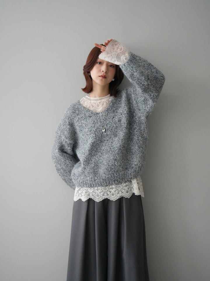 [SET]Vネックミックスヤーンニットプルオーバー+テープベルトタックバギーパンツ(2set)