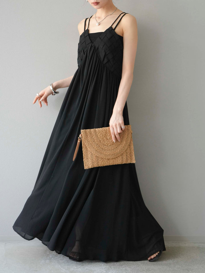 [予約]編み込みデザインシフォンワンピース/ブラック