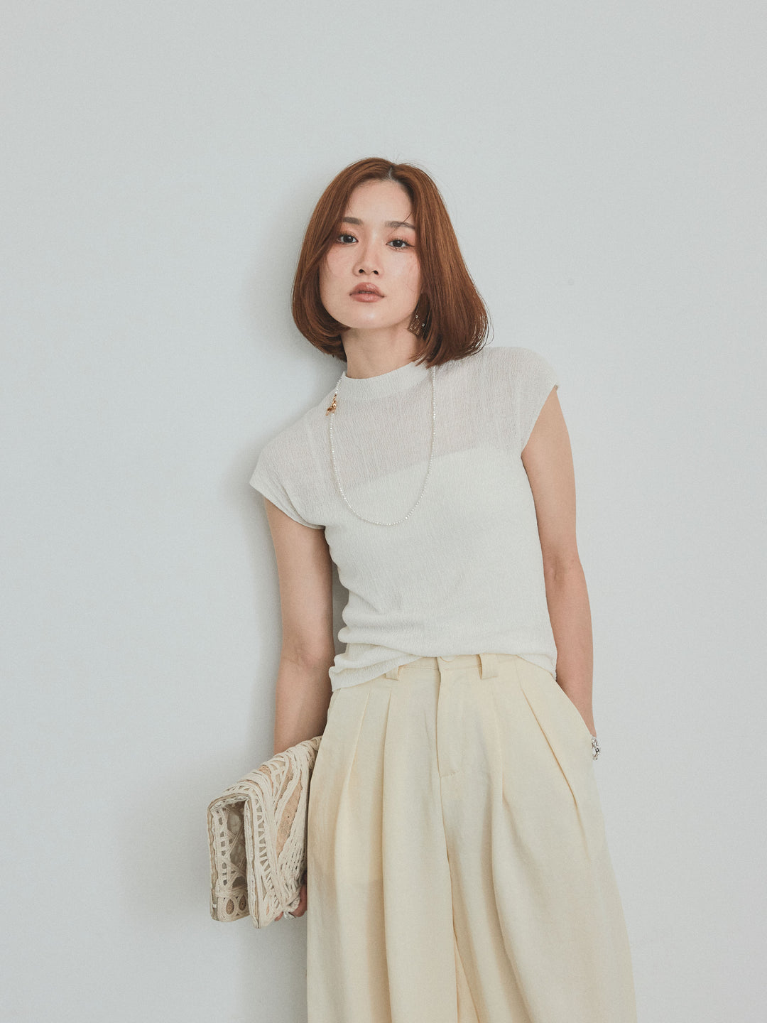 [予約]フレンチスリーブシアーニットトップス/ホワイト