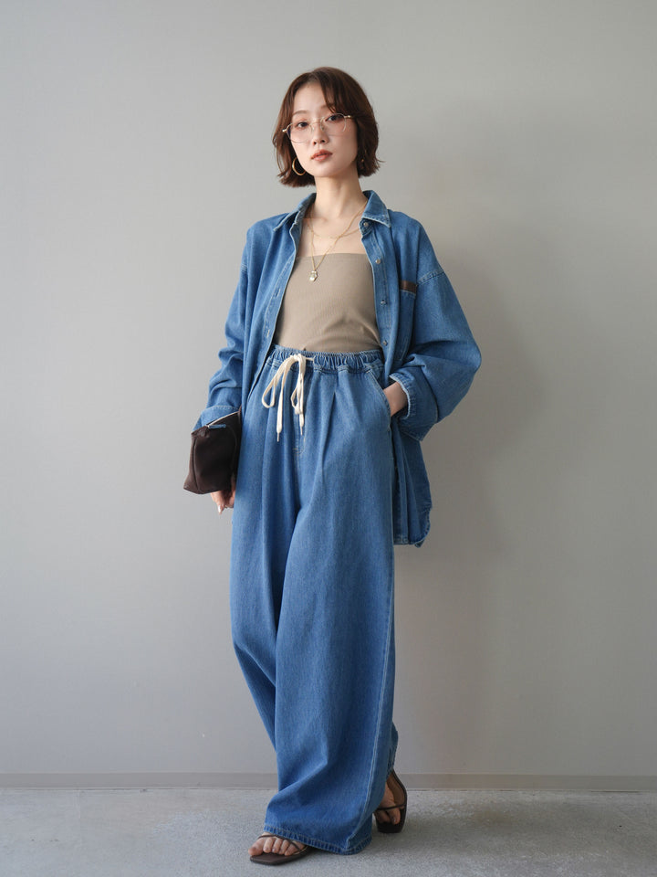 [SET]ポイントレザーオーバーデニムシャツ+ドロストワイドデニムパンツ(2set)
