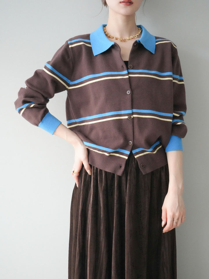 [予約]配色マルチボーダーポロニットカーディガン/brown