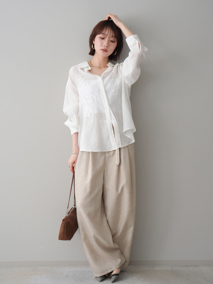 [予約]リネンライクタックワイドパンツ/oatmeal