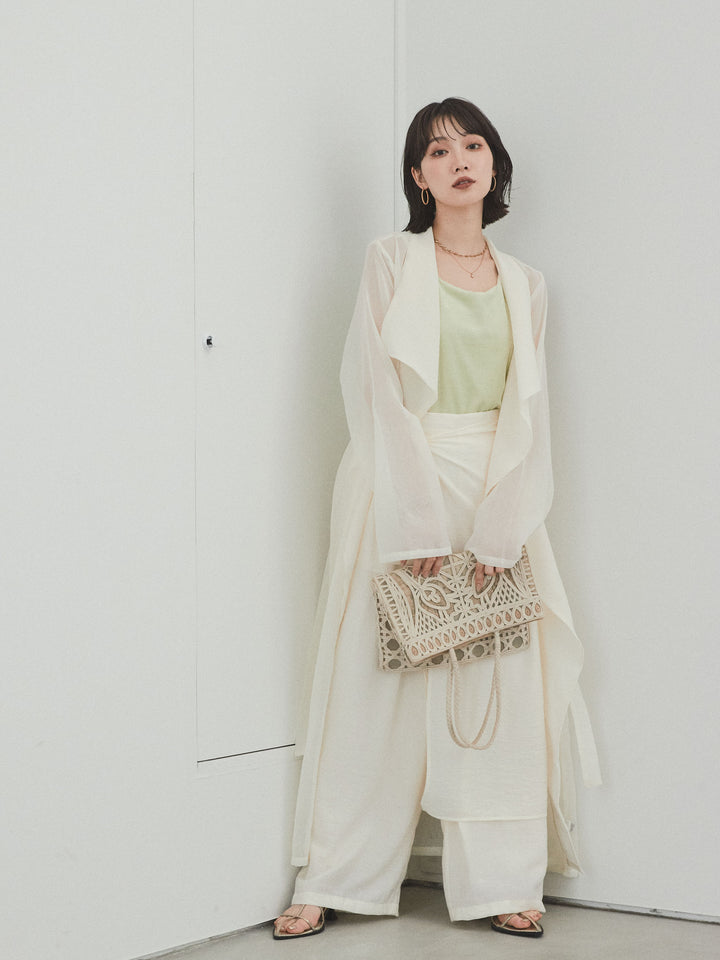 [SET] 方形天鵝絨背心 + 水洗緞層疊裙褲 + 透視長外套 (3 件套)