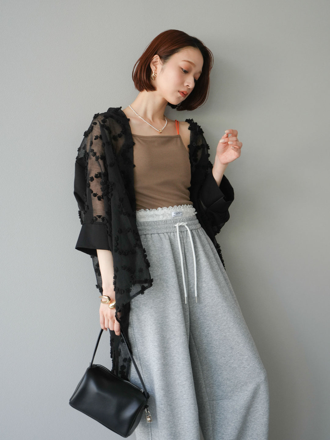 [預購] 混合材質透視半身襯衫/黑色