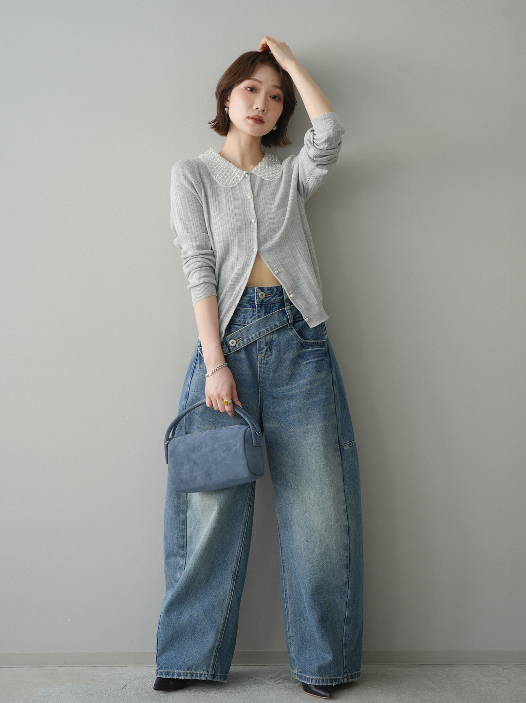 [SET]ビジュー襟パールボタンニットカーディガン+アシメデザインワイドデニムパンツ(2set)