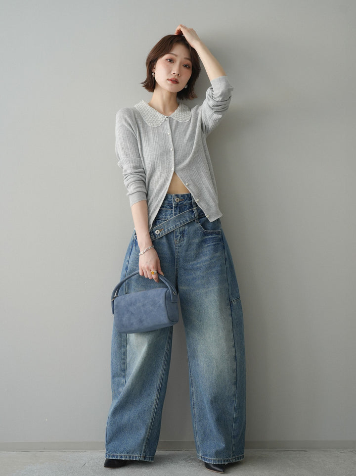 [SET]ビジュー襟パールボタンニットカーディガン+アシメデザインワイドデニムパンツ(2set)