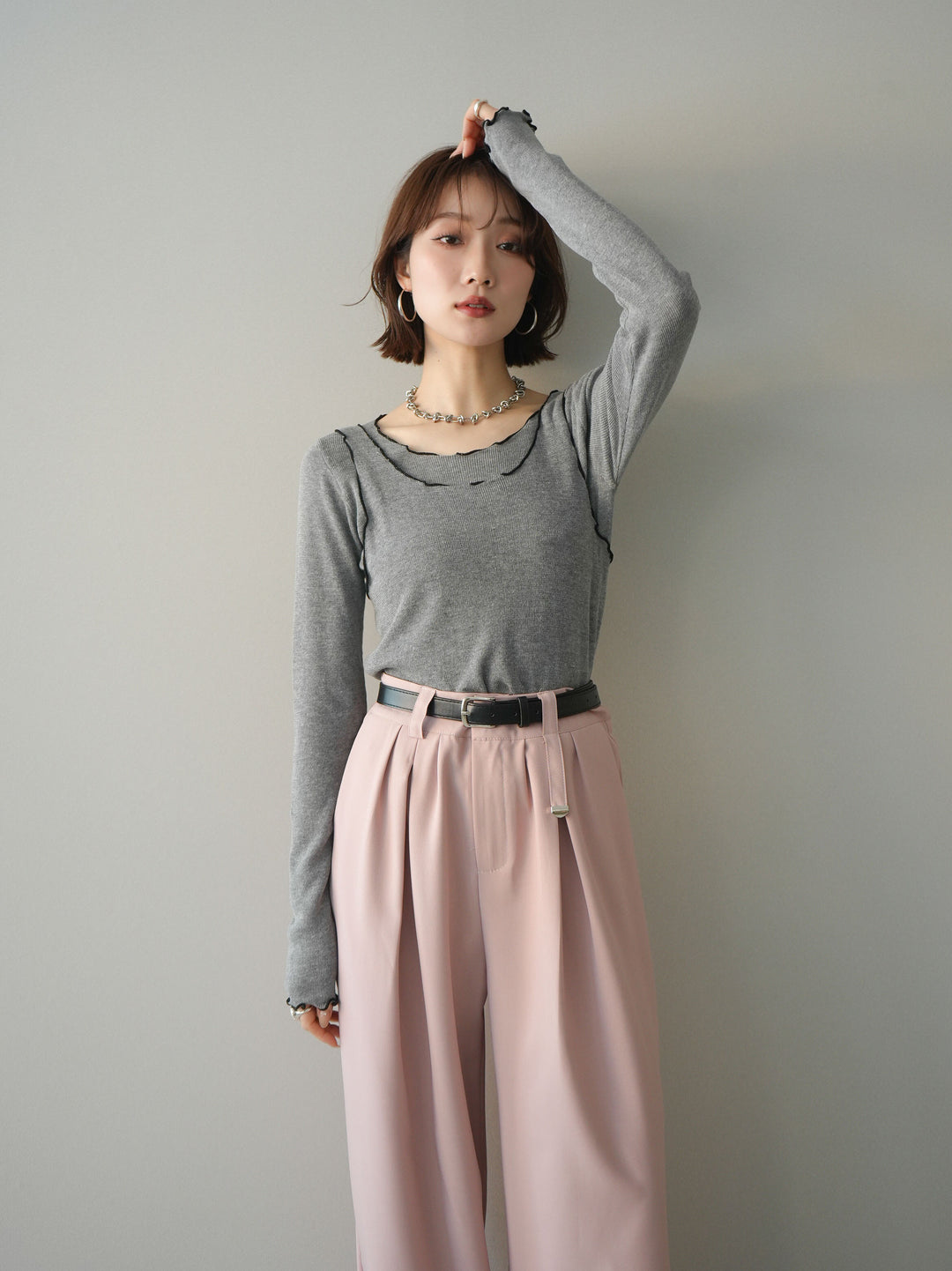 [予約]バイカラーメローアンサンブルシアーニットトップス/gray