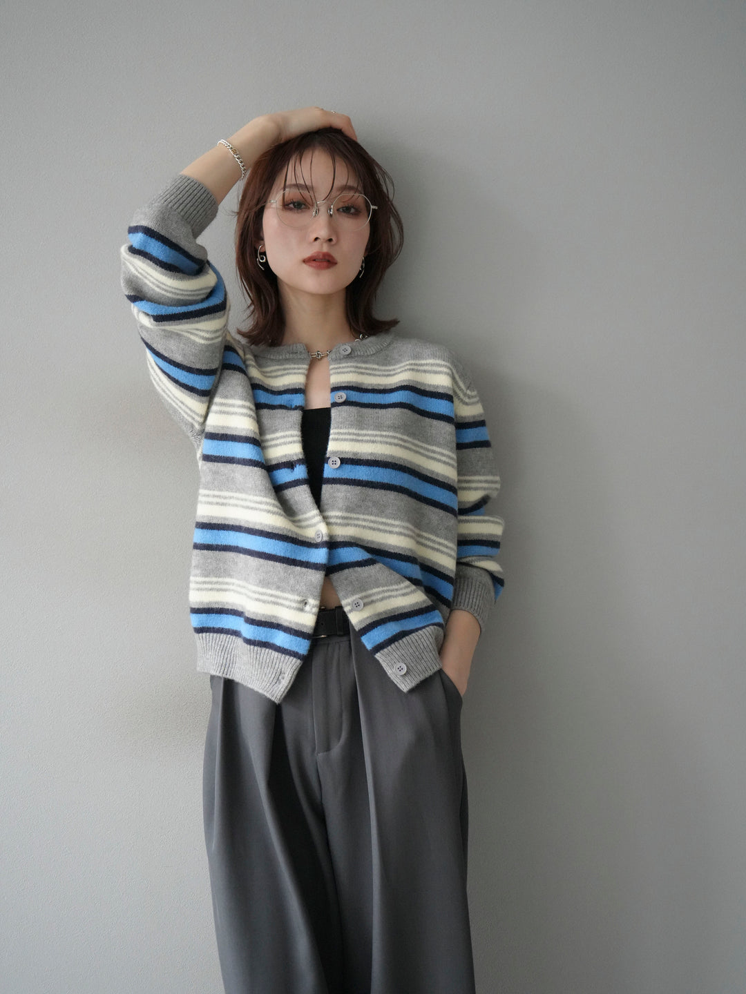 [SET]マルチボーダーニットカーディガン+ベルトループデザインワイドパンツ(2set)