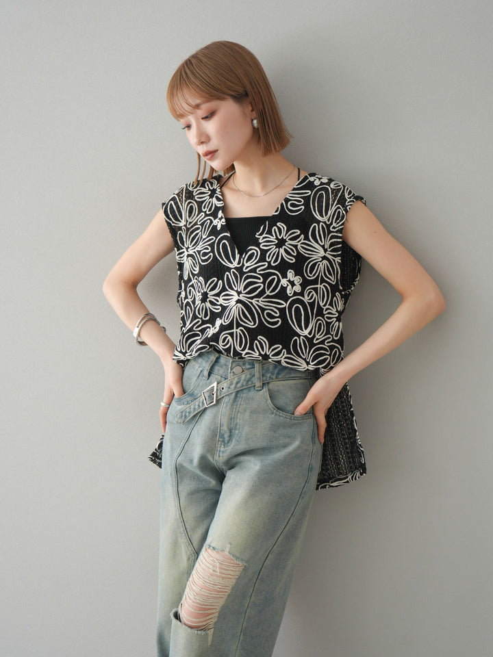 [予約]メッシュコード刺繍ベスト/ブラック