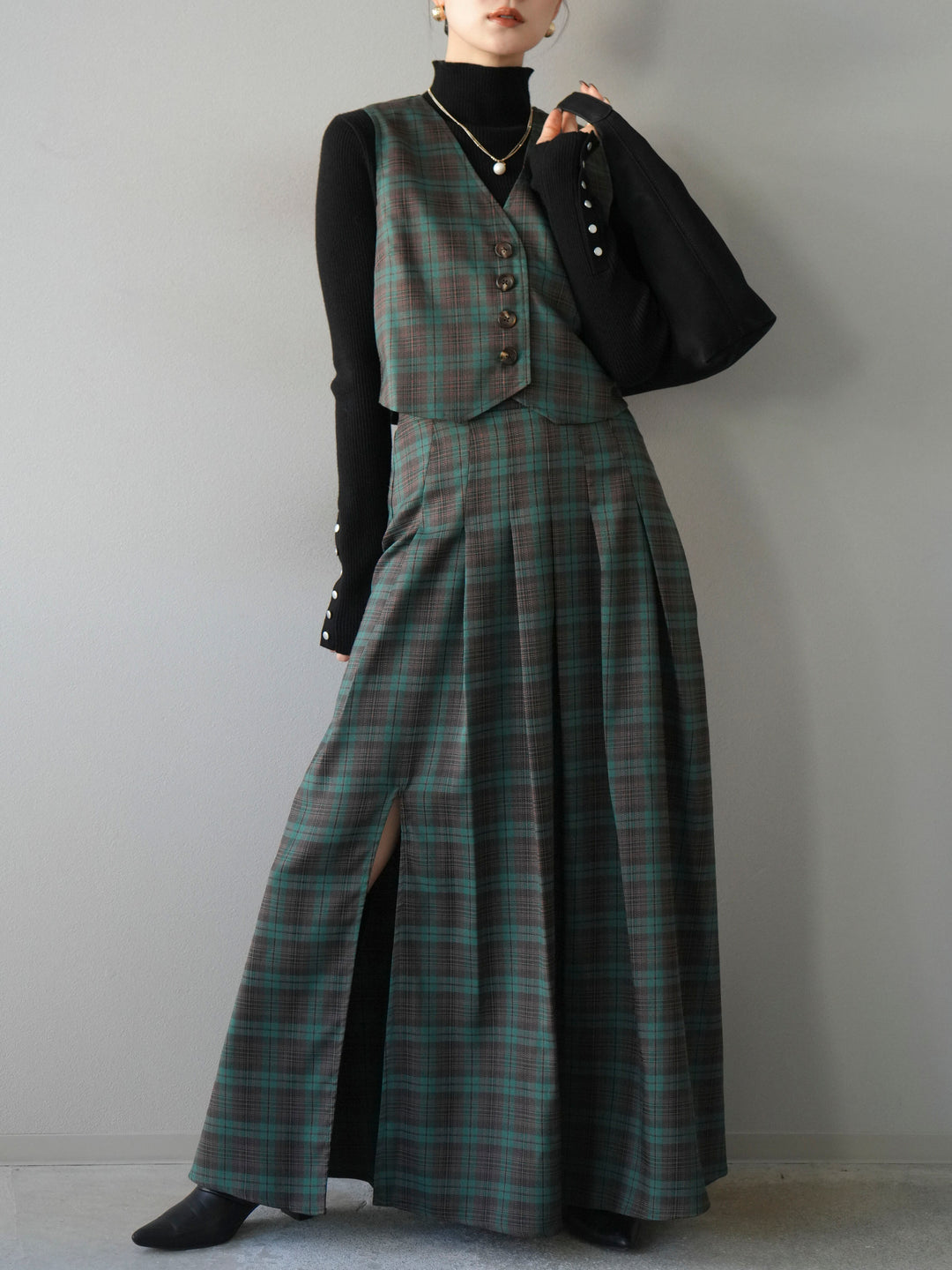 [予約]チェック柄ベスト/グリーン