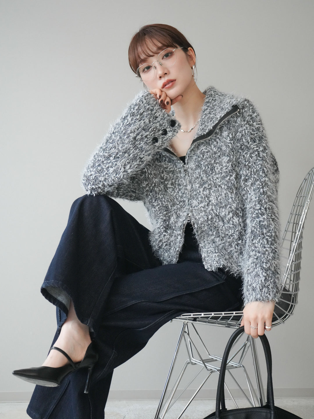 [予約]ミックスシャギージップニットカーディガン/black