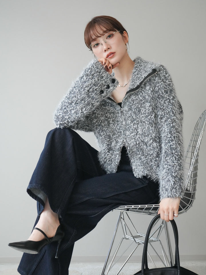 [予約]ミックスシャギージップニットカーディガン/black