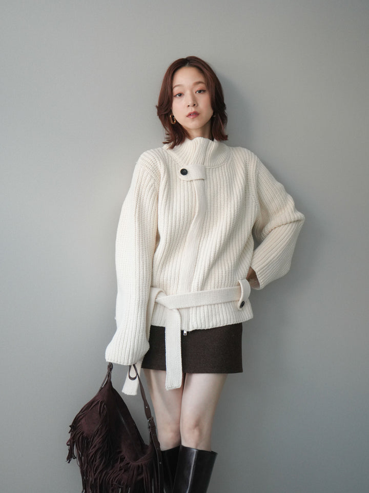 [SET]畦編みボトルネックZIPニットカーディガン+ウールタッチベルト付ミニスカート(2set)