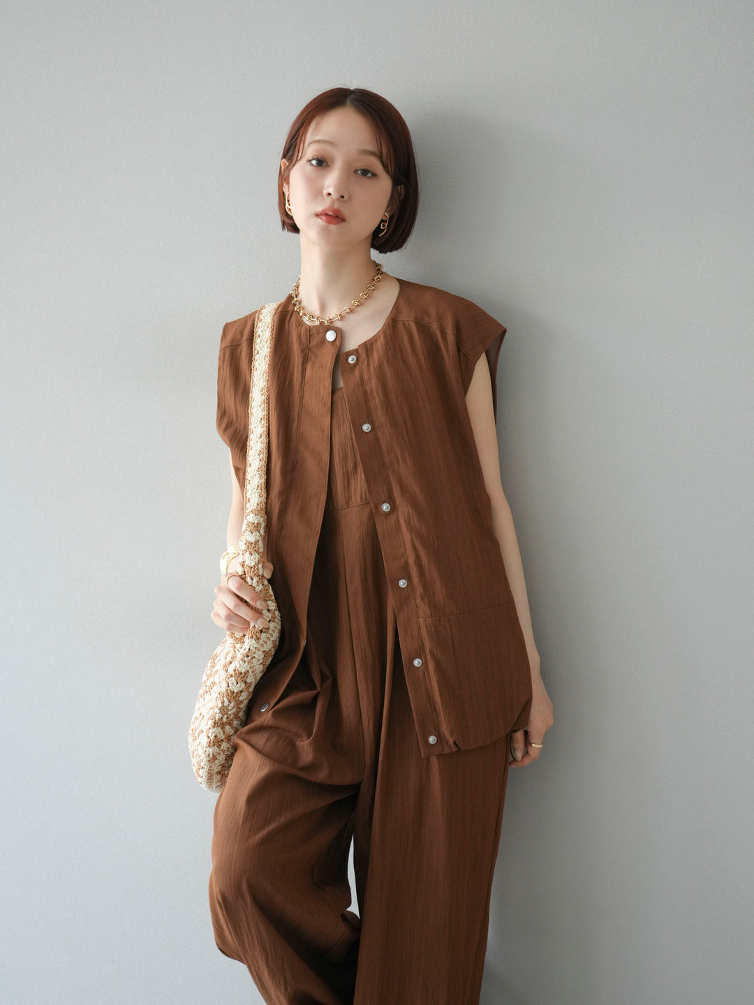 [SET]リネンライクビスチェデザインサロペット+リネンライクドロストバルーンブルゾン(2set)