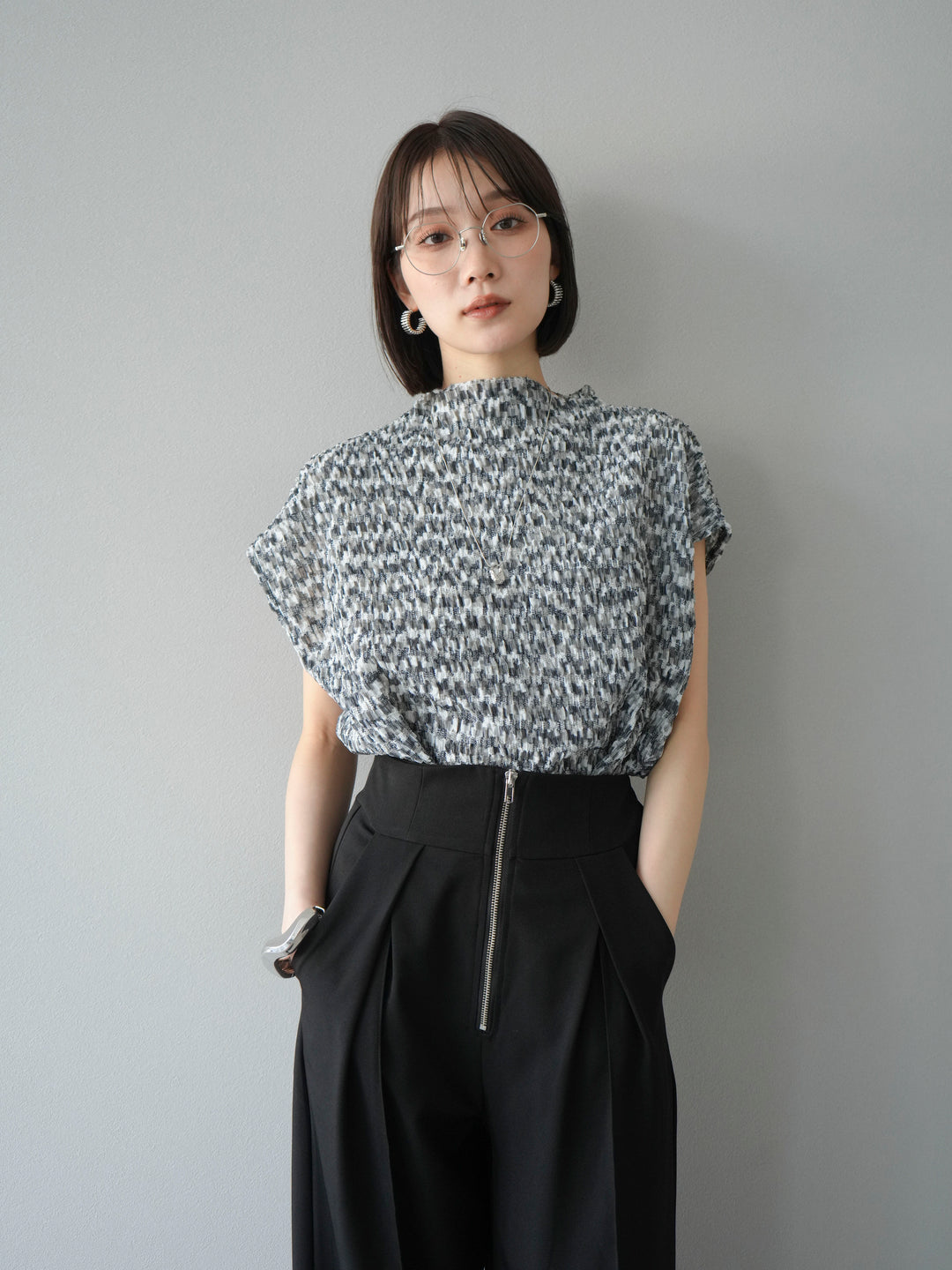 [SET] 多色隨機百褶法式上衣+拉鍊褶襉寬褲（2件套）