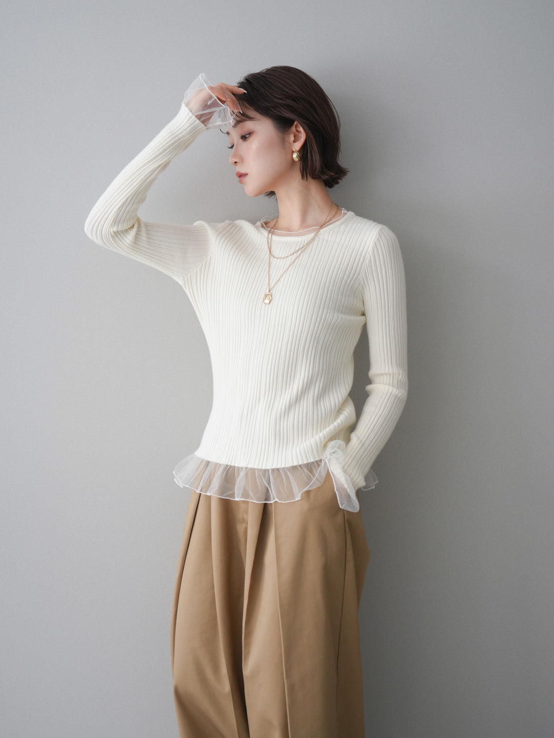 [予約]チュールレイヤードリブニットトップス/ivory