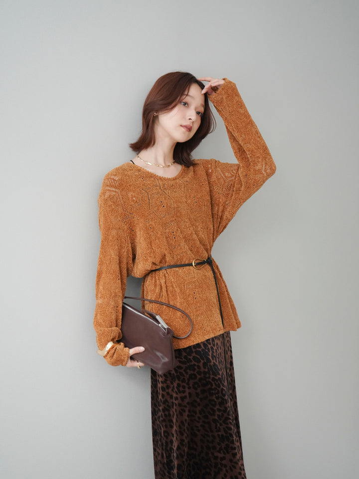 [SET]モール透かし編みニットトップス+レオパードベロアナロースカート(2set)
