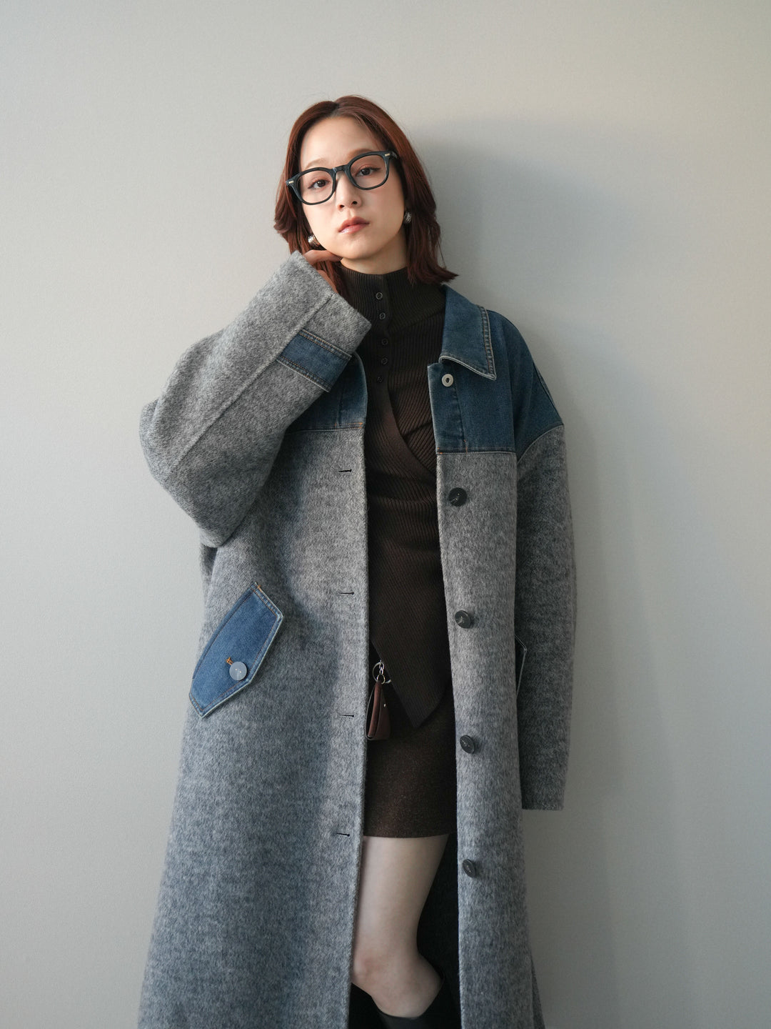 [SET]デニム切替シャギーステンカラーコート+ウールタッチベルト付ミニスカート(2set)