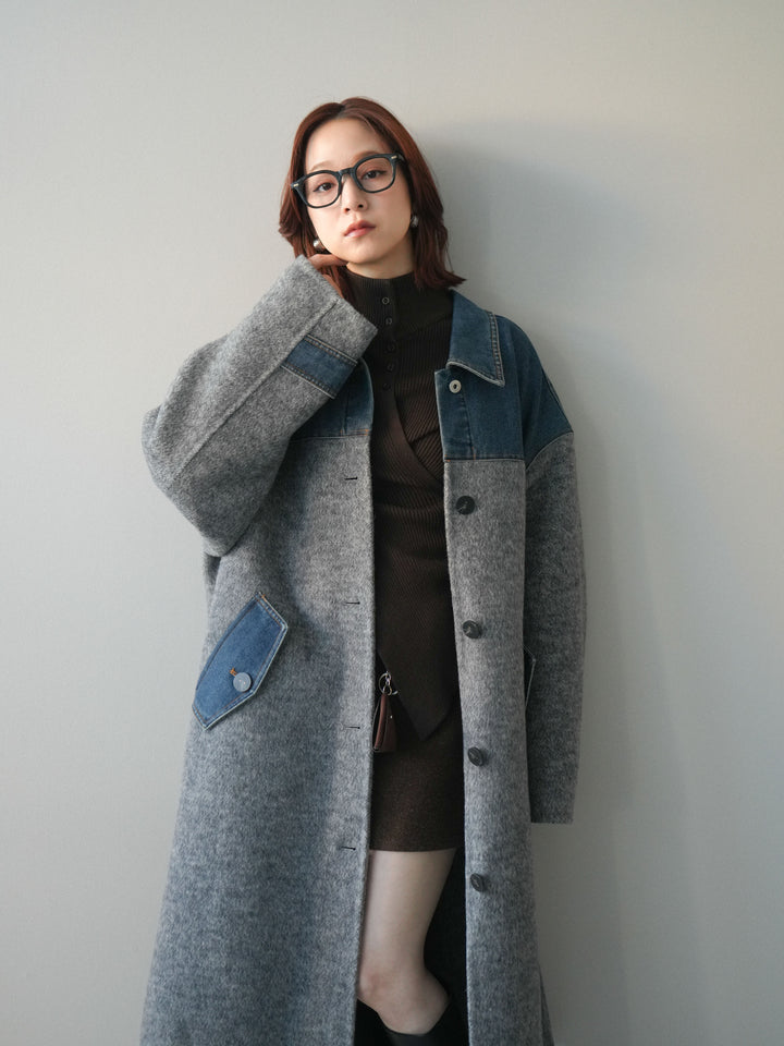 [SET]デニム切替シャギーステンカラーコート+ウールタッチベルト付ミニスカート(2set)