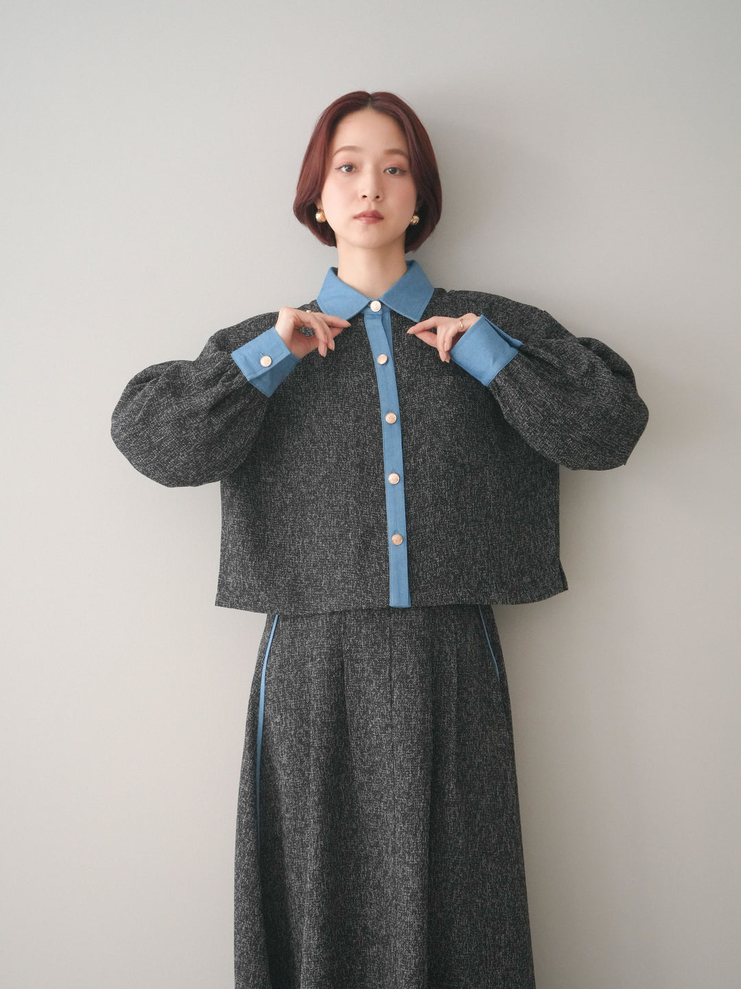 [SET]異素材サマーツイードシャツ+異素材サマーツイードタックフレアスカート(2set)
