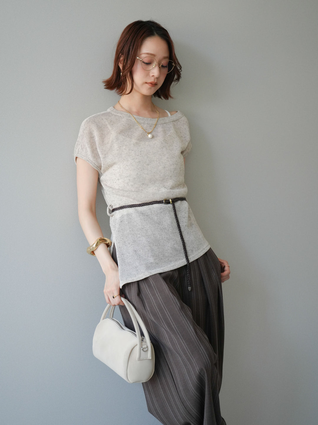 [予約]ベルト付アシメシアーニットトップス/beige