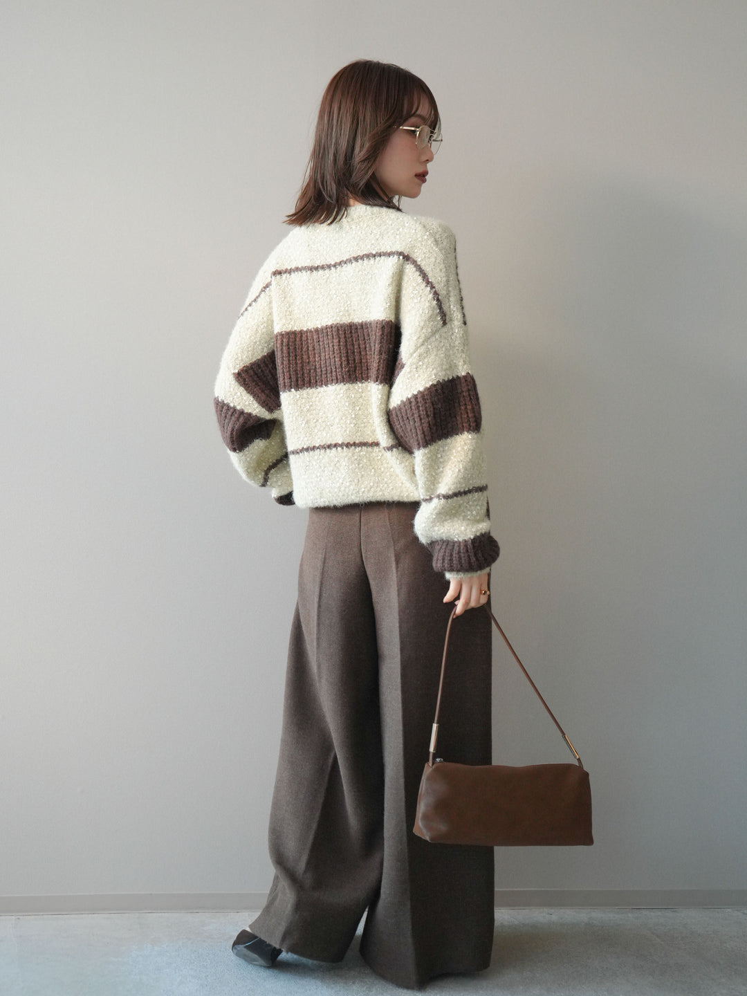 [SET]ネップヤーンボーダーニットプルオーバー+ウールタッチベルト付ワイドパンツ(2set)