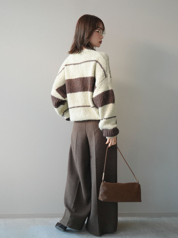 [SET]ネップヤーンボーダーニットプルオーバー+ウールタッチベルト付ワイドパンツ(2set)