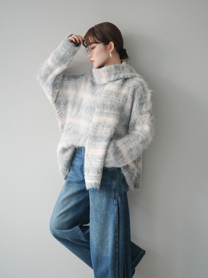 [予約]ストール付シャギーマルチボーダーニットプルオーバー/gray