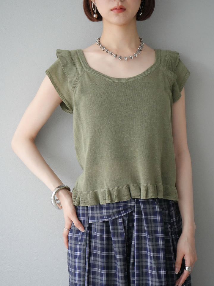 [予約]リネンタッチフリルニットタンクトップ/カーキ