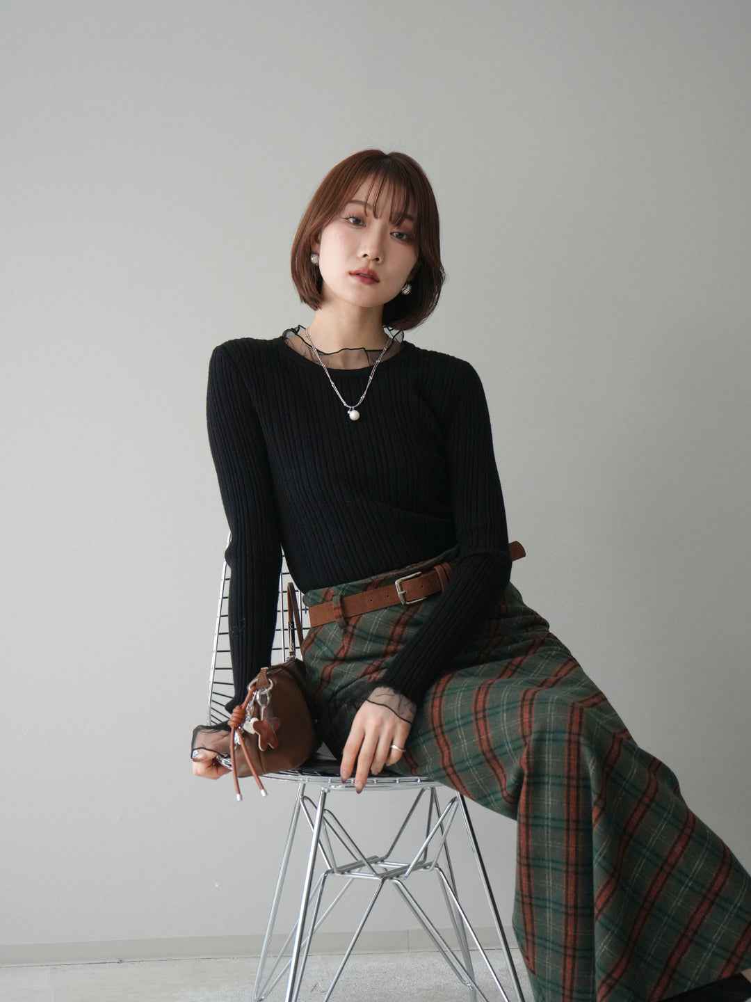 [SET]チュールドッキングリブニットトップス+ベルト付チェック柄ナロースカート(2set)