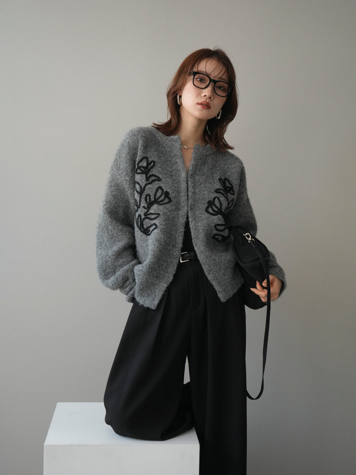 [SET]テープ刺繍ホック開きブークレニットカーディガン+ベルトループデザインワイドパンツ(2set)