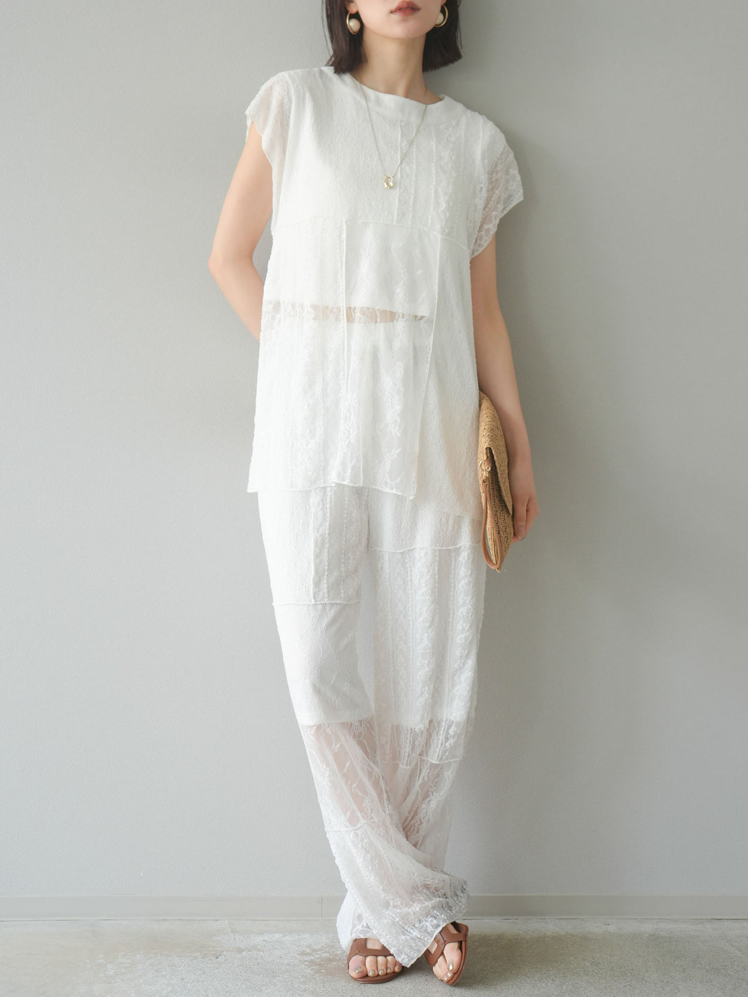 [予約]パッチワークレースワイドパンツ/ホワイト