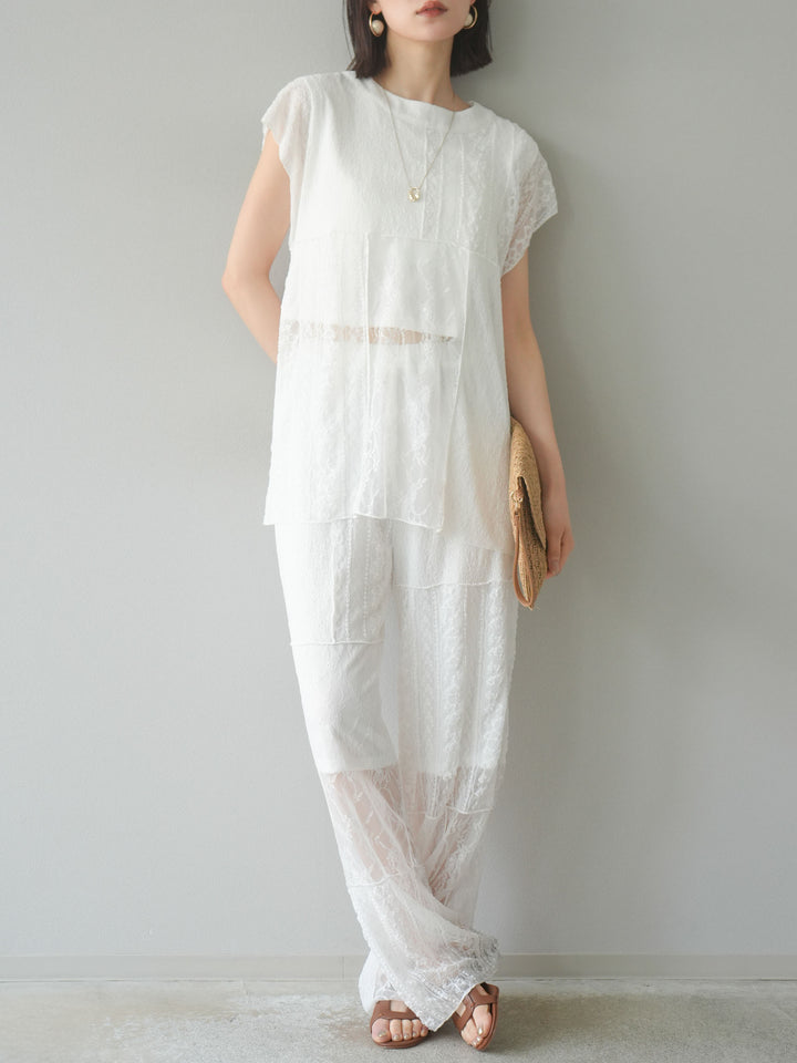 [予約]パッチワークレースワイドパンツ/ホワイト