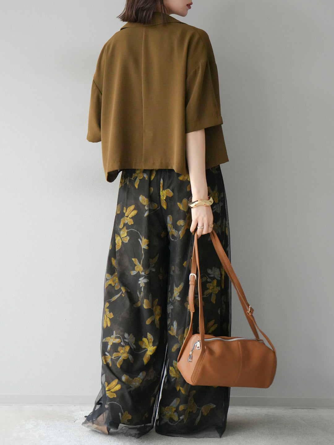 [SET]ハーフショートジャケット+フラワープリントチュールレイヤードパンツ(2set)