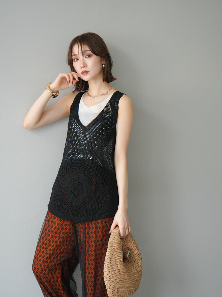 [予約]透かし編みレイヤードニットトップス/ブラック