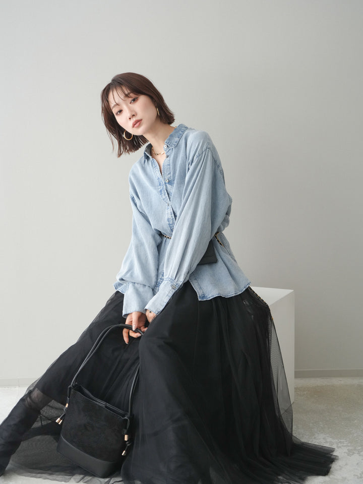 [SET]テンセルデニムタックシャツ+チュールボリュームスカート(2set)