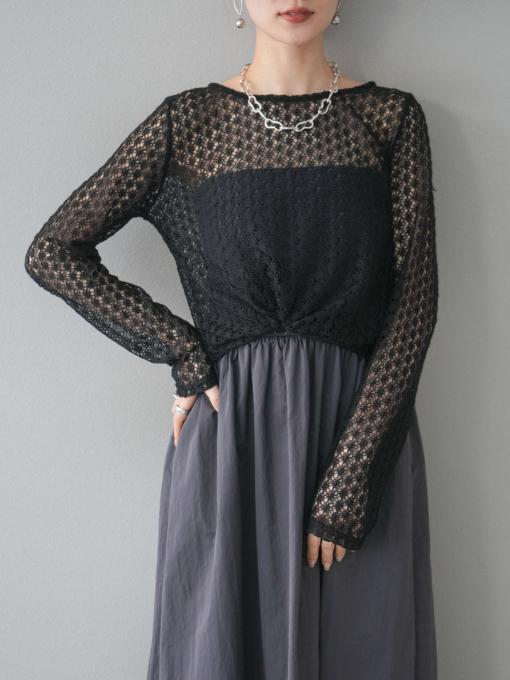 [予約]透かし編みトップス/ブラック