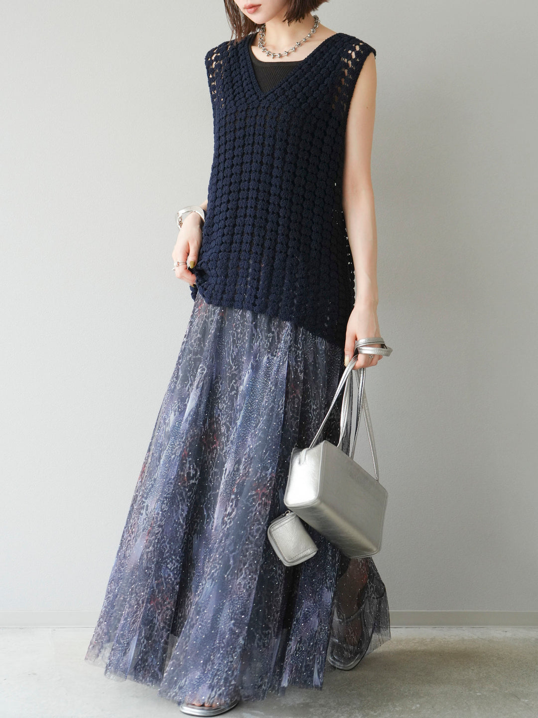 [予約]ニュアンス柄チュールレイヤードプリーツスカート/ネイビー
