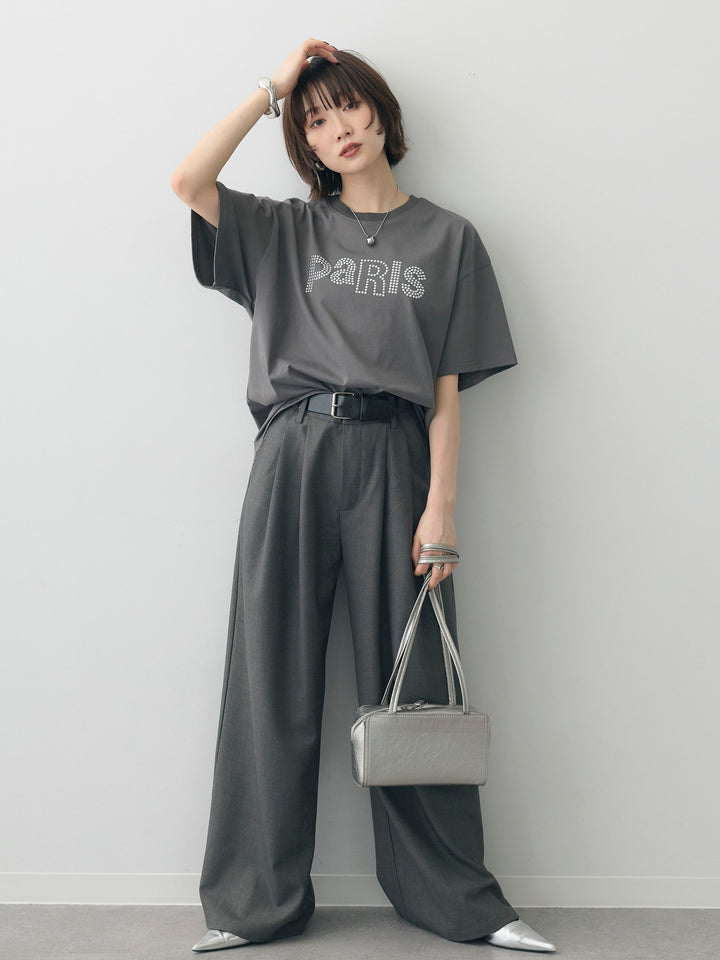 [SET]スタッズロゴTEE+ベルトデザインツータックドレープワイドパンツ(2set)
