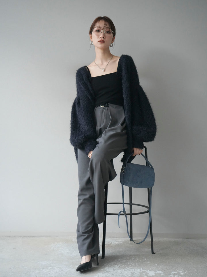 [SET]クルーネックランダムシャギーカーディガン+ベルトループデザインワイドパンツ(2set)