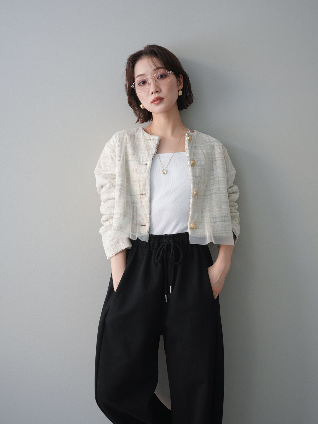 [SET]チュールレイヤードツイードクロップドジャケット+裾ZIPスエットワイドパンツ(2set)