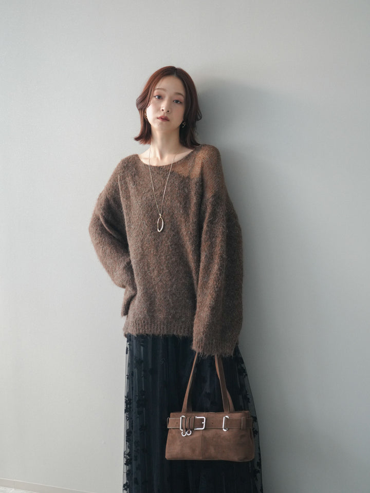 [SET]透かしデザインニットプルオーバー+フラワーフロッキーチュールプリーツスカート(2set)