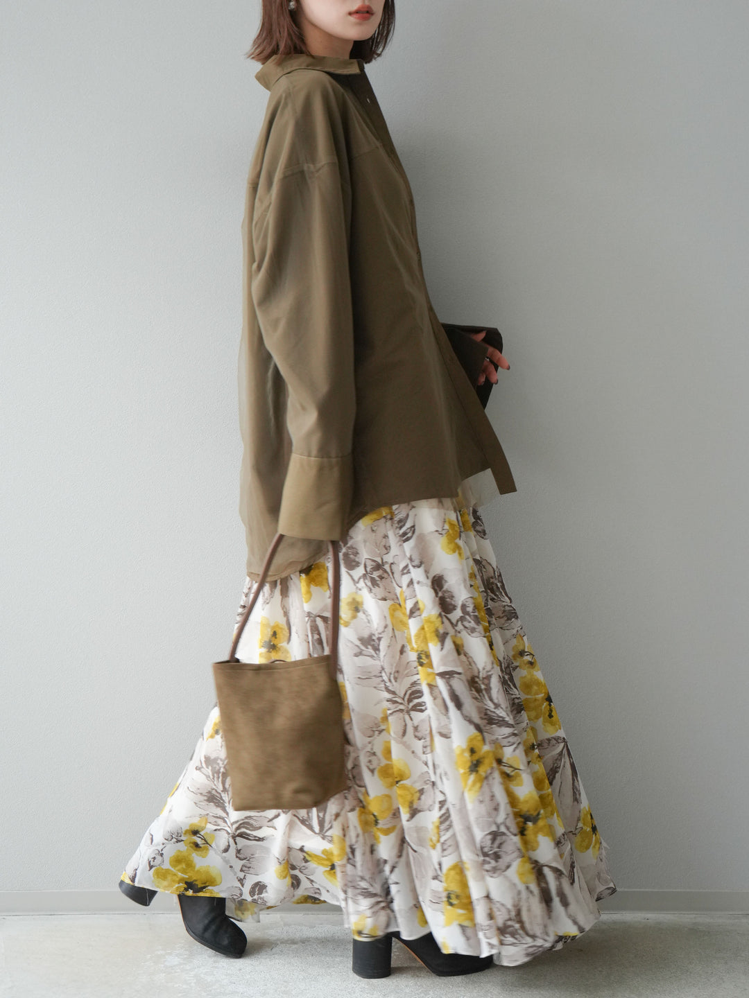 [予約]フラワープリントボリュームフレアスカート/イエロー