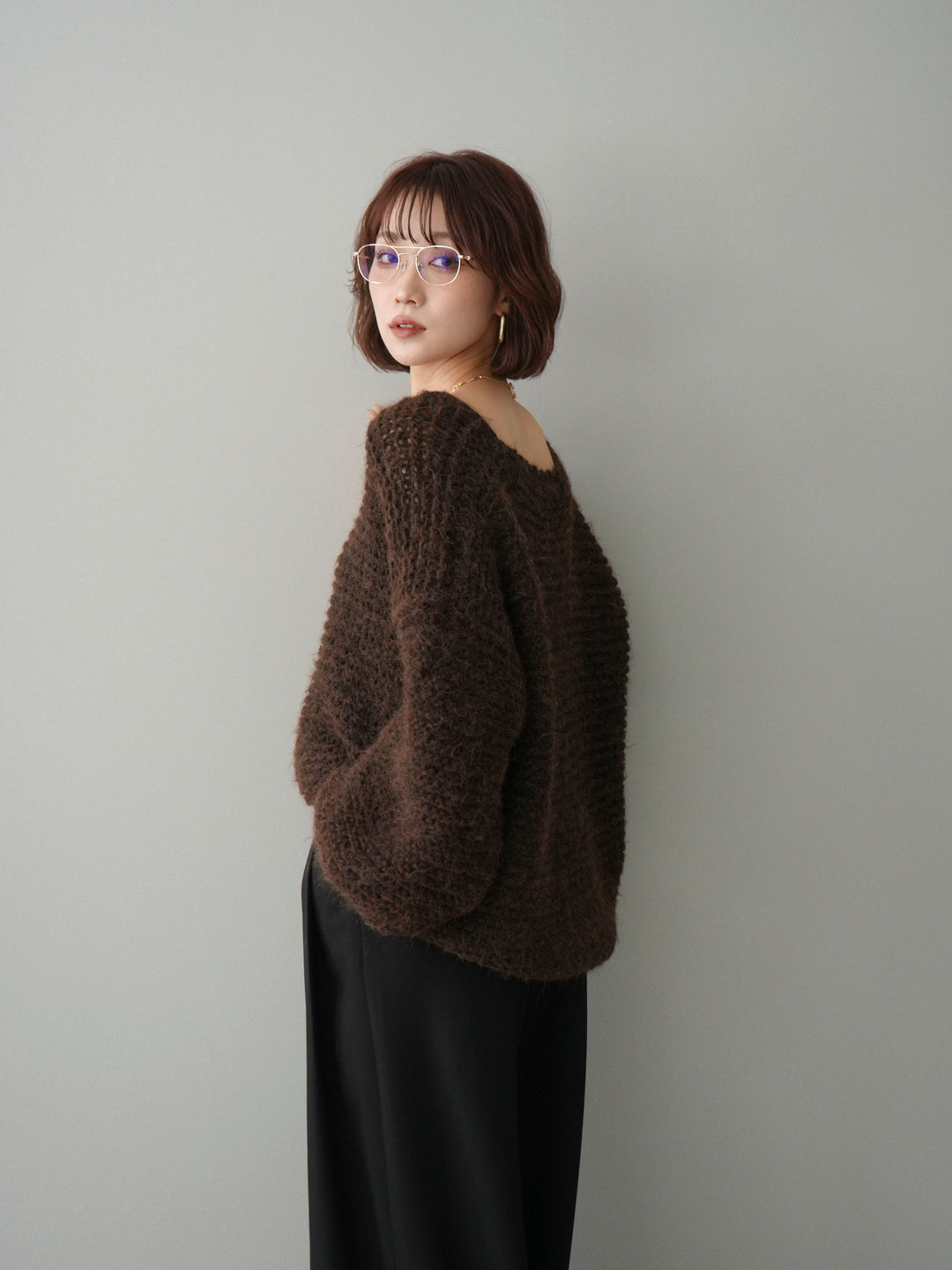 [予約]ワッフル編みシャギーニットプルオーバー/brown