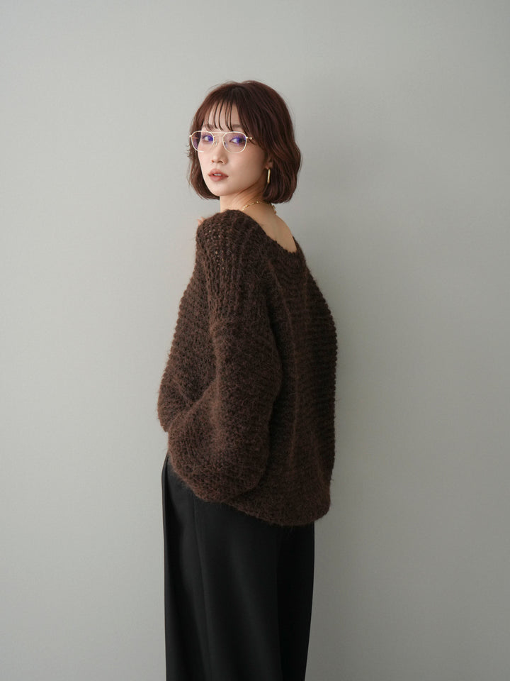 [予約]ワッフル編みシャギーニットプルオーバー/brown